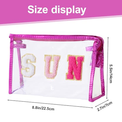 Clear Preppy Patch Cosmetic Bag, Sun Chenille Letter Bag for Beach, Clear Travel Pouch with Zipper, Small Toiletry Bag for Women Girls Teens Gift (Rose Red) - color: Rose Red