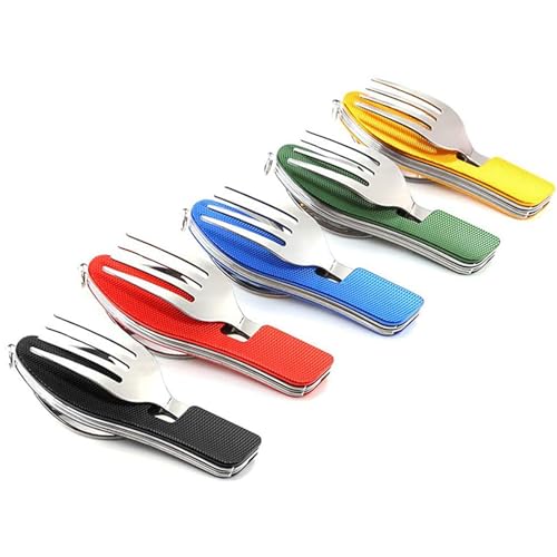 5 Pack Camping Utensils, 4-in-1 Portable Stainless Steel Cutlery with Fork, Spoon, Knife, and Bottle Opener - Lightweight, Detachable, and Durable Camping Silverware for Outdoor Events and Adventures - color: 5 Sets - Red, Yellow,Blue, Green, Black
