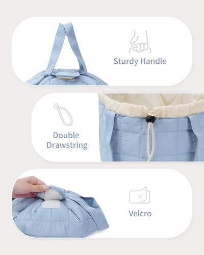 Narwey Lay Flat Open Drawstring Puffer Makeup Bag, Large Quilted Cosmetic Bag for Women Girls, Cute Make up Bags with Handle, Travel Toiletry Bag for Skincare, Brushes & Travel Essentials (Blue) - color: B-Quilted Blue
