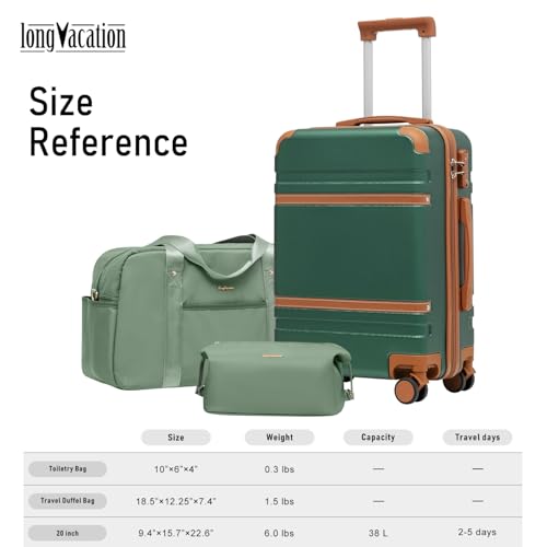 LONG VACATION Carry On Luggage Set 3 Piece, 20 Inch ABS+PC Hardshell Carry on Suitcase with Spinner Wheels TSA Lock & YKK Zipper - color: Green Brown, size: 3 Piece Set (20 Inch)