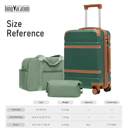LONG VACATION Carry On Luggage Set 3 Piece, 20 Inch ABS+PC Hardshell Carry on Suitcase with Spinner Wheels TSA Lock & YKK Zipper - color: Green Brown, size: 3 Piece Set (20 Inch)