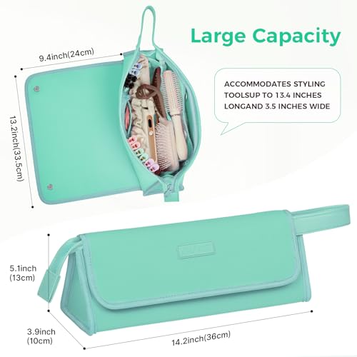 JKAOO Hair Tools Travel Bag and Heat Resistant Mat, 2 in 1 Portable Organizer Hair Travel Case for Curling Iron, Hair Straightener, Flat Irons, PU Hangable Handle, Neoprene (Blue-Green) - color: Blue-green