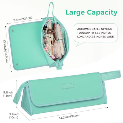 JKAOO Hair Tools Travel Bag and Heat Resistant Mat, 2 in 1 Portable Organizer Hair Travel Case for Curling Iron, Hair Straightener, Flat Irons, PU Hangable Handle, Neoprene (Blue-Green) - color: Blue-green