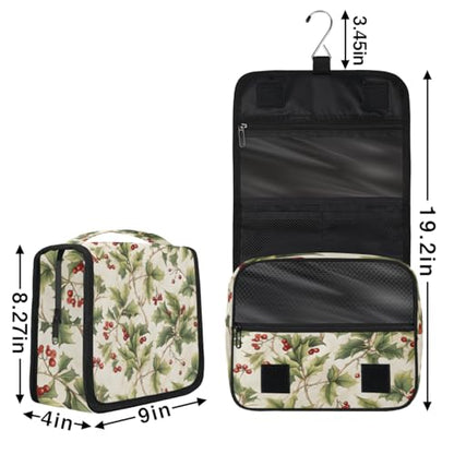 Hanging Travel Toiletry Bag for Women, Holly Berries Print Water Resistant Polyester Organizer with Hook & Handle, Large Capacity Cosmetic Bag for Travel, Gym, Camping - color: Holly Berries Print