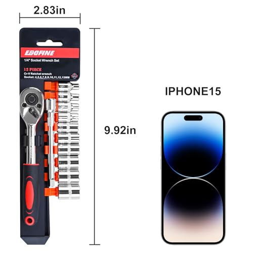 Egofine 12pcs 1/4 Inch Mini Ratchet Socket Wrench Set, Drive Socket Set with 10 Sockets (4-13mm) and 2 Way Quick Released Ratchet Handle and Extension Bar - size: 1/4, style: 12PC Standard Socket Set