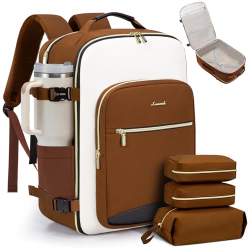 LOVEVOOK 40L Travel Backpack for Women & Men, Airline Approved Carry On Luggage with 3 Packing Cubes, TSA Overnight Bags, Waterproof Personal Item Bag, Weekender Essentials Backpacks fits 17" Laptop - color: Brown-beige-black, size: Large