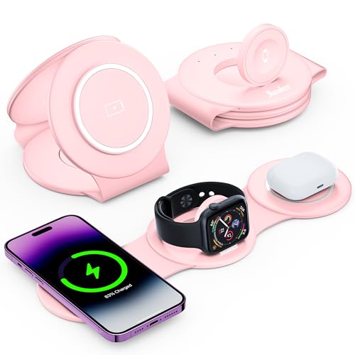 Hicober 3 in 1 Wireless Charging Station for Apple Watch and iPhone Air 17 16 15 14 13 12 Pro Max/Plus, Magnetic Foldable Wireless Travel Charger Station Stand for Airpods iWatch All Series Pink - color: Pink