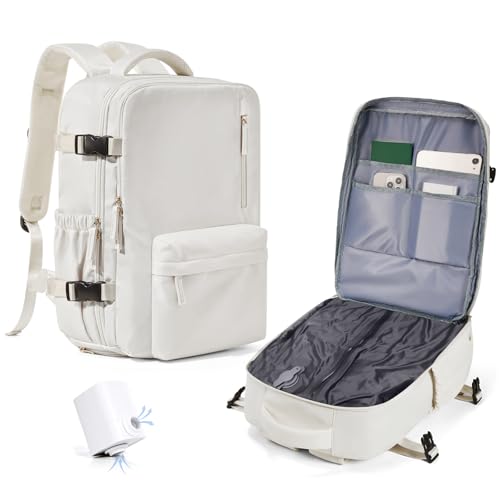 WONHOX Vacuum Seal Backpack for Travel with Air Pump Compression Daypack Personal Item Carry on Flight Approved Vacpack Laptop Space Saver Bags Storage with Vacuum System Travel Bag Women Men Beige - color: A2-beige