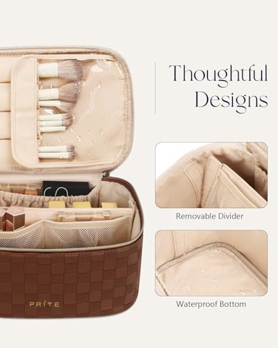 Prite Makeup Bag, Large Capacity Cosmetic Bag for Women and Girls, Waterproof PU Leather Travel Case with Handle, Divider for Skincare and Brushes - Checkered Brown - color: Checkered Brown