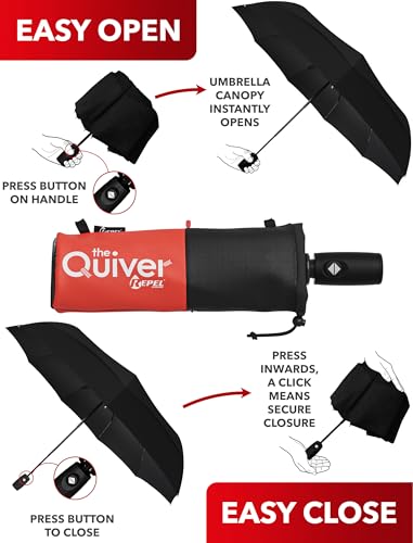 Repel Windproof Travel Umbrella - Compact & Withstands Winds up to 100MPH , Strongest Premium Auto Folding Umbrella for Rain and Sun - Durable, Light & Portable for Women & Men , Fits Backpack & Cars - color: Black Umbrella + Black & Red Carrying Sling