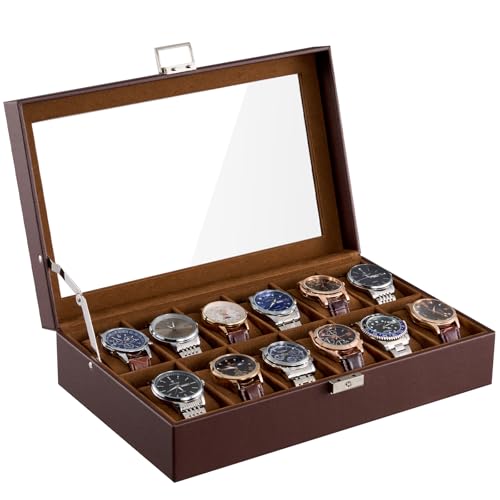ProCase 12 Slot Watch Case Box for Men, PU leather Man Watch Organizer with Soft Pillow, Lockable Watch Collection Storage Holder with Glass Display Lid, Fathers Day Gift for Dad -Espresso - color: Espresso, size: 12-Slot