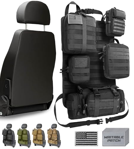 DBTAC Tactical Molle Car Seat Organizer | Vehicle Back Panel with 5X Detachable Pouches, US Flag & Writable Reflective Patch for Cars, Trucks, SUVs, Sedans - color: Black