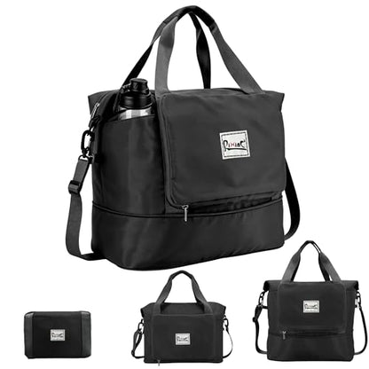 Foldable Travel Duffel Bag for Women, Black, Nylon | 40L Expandable, Carry on Bag Personal Item Flight Approved, Lightweight Water Resistant, Overnight Weekender Bag - color: Black