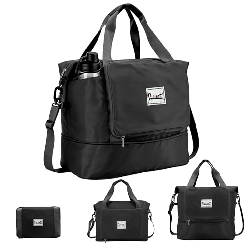 Foldable Travel Duffel Bag for Women, Black, Nylon | 40L Expandable, Carry on Bag Personal Item Flight Approved, Lightweight Water Resistant, Overnight Weekender Bag - color: Black