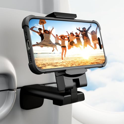 Klearlook Airplane Phone Holder, Universal Travel Essentials Phone Mount for Flight with 360° Rotation, Handsfree Pocket Size Phone Stand, Travel Must Haves for Flying, Tray Table, Desk - color: Black