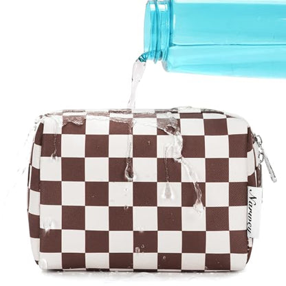 Narwey Small Checkered Makeup Bag for Purse Mini Cosmetic Bag Travel Makeup Pouch Zipper Pouch Cute Make up Bags with Compartments for Women Girls (Dark Checkerboard, Small) - color: YB-Dark Checkerboard, style: Small