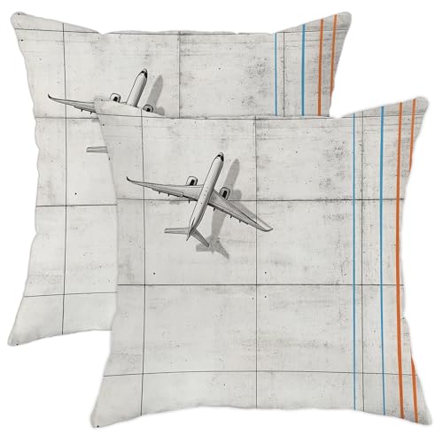 Vinatge Airport Airplane Pillow Covers 16x16 Set of 2, Comfy Simple Plain Printing Velvet Pillow Cases Kit with Zipper, Airline Pattern Decor Sofa Living Room - size: 16" x 16" (Pack of 2)
