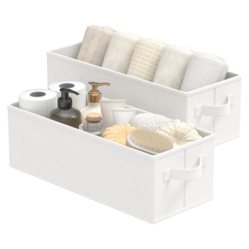 Narrow Storage Bins, Small Fabric Organizer with Handles, Foldable Basket for Closet and Shelves, Toilet Paper Storage, 2 Pack, White, 15 x 6 x 5 In, XSNY19W-2 - color: White