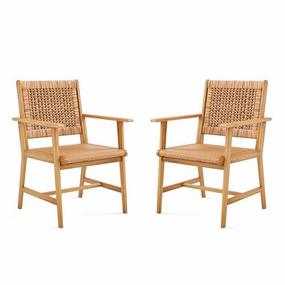 Sophia & William Patio Dining Chairs Outdoor 2 Pieces Hand Woven Wooden Rattan Armchair, Acacia Wood Outside Chair with Rattan Seat & Back for Porch Backyard Garden Balcony Set of 2 - size: 2 Seats