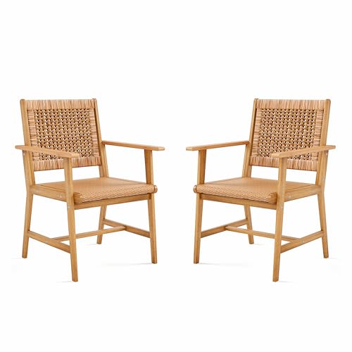 Sophia & William Patio Dining Chairs Outdoor 2 Pieces Hand Woven Wooden Rattan Armchair, Acacia Wood Outside Chair with Rattan Seat & Back for Porch Backyard Garden Balcony Set of 2 - size: 2 Seats