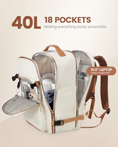 LOVEVOOK Travel Backpack for Women & Men 40L,Airline Approved Carry On Backpack Travel Essentials,TSA Carry on Luggage,Waterproof Personal Item Travel Bag,Suitcase with 3 Packing Cubes,Beige-Brown - color: Beige-brown, size: Large-40L-4Pcs