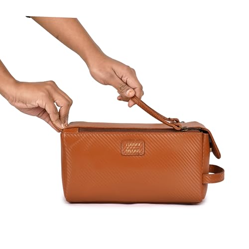 LEATHER VILLAGE Genuine Carbon Fiber Genuine Leather Travel Toiletry Bag - Large Dopp Kit, Water-Resistance Bathroom Kit & Shaving Organizer for Men & Women - Tan - color: Carbon Tan