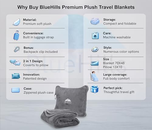 BlueHills Premium Soft Long Travel Blanket Pillow for Tall Airplane Flight Blanket Throw in Soft Bag case with Hand Luggage Belt & Backpack Clip Compact Pack Large Grey Gray T052 - color: Gray-long-t052