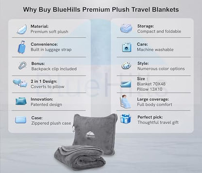 BlueHills Premium Soft Long Travel Blanket Pillow for Tall Airplane Flight Blanket Throw in Soft Bag case with Hand Luggage Belt & Backpack Clip Compact Pack Large Grey Gray T052 - color: Gray-long-t052