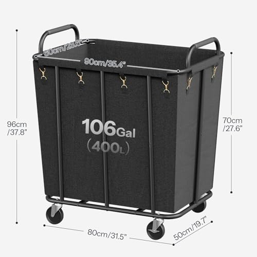 HOOBRO 106 Gal (400 L) Laundry Hamper with Lockable Wheels, Heavy Duty Rolling Laundry Cart, Laundry Sorter with Removable Bag, Laundry Basket Organizer, Waterproof Oxford Cloth, Black BB20XY01