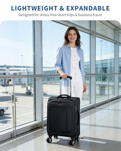 ECOHUB Carry On Luggage Airline Approved, 21 Inch Height Softside Carry On Suitcase with Spring Shock-Absorbing Spinner Wheels, Lightweight Travel Luggage with TSA Lock, Fits 22x14x9 Carry-On Bag - color: Black