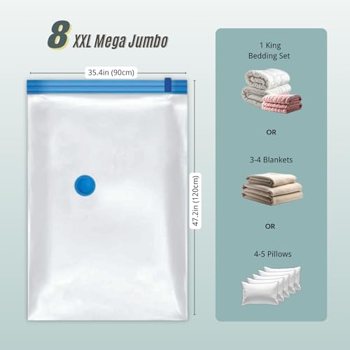 8 Mega Jumbo XXL Vacuum Storage Bags with Pump, Supersized Compression Space Saver for Comforter, duvet, Bedding, Blanket storage, Vacuum Seal Bags for Clothing, Durable Safe Poly Material - size: 8 Mega Jumbo XXL