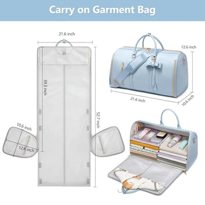 Travel Duffel Bag, Convertible Travel Garment Bag for Women, Fashion & Cute Carry On Duffle Bag w/Shoes Pouch, 2 in 1 Foldable PU Leather Hanging Duffle Bag, Single-Zipper Design, Blue - color: Light Blue