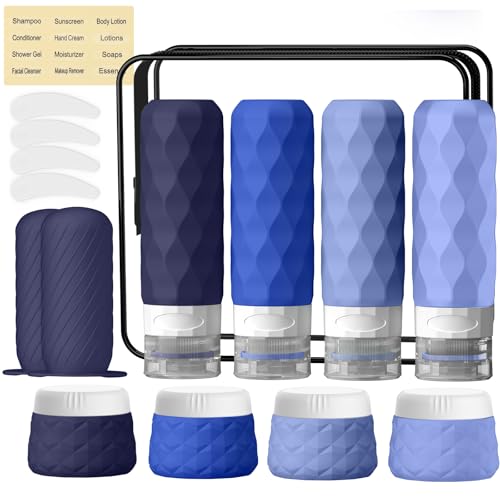 16Pack Travel Bottles for Toiletries, TSA Approved Travel Size Toiletries Containers Set, Silicone Leak Proof Refillable Bottles Elastic Sleeves Creams Jars Accessories Kit W/Clear Bag (Blue) - color: Blue
