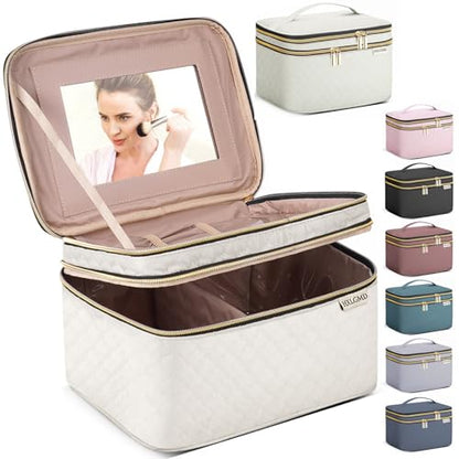 HXLGMD Large Makeup Bag with Mirror Double Layer Travel Make Up Organizer Case, Large Capacity Coemetic with Brush Slot Divider, Travel Toiletry Bag for Women - White/Beige - color: Beige