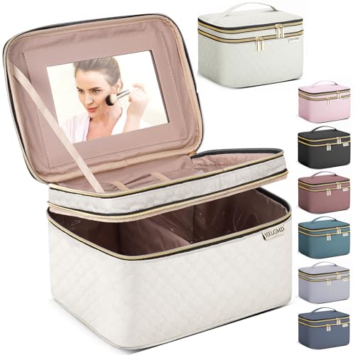 HXLGMD Large Makeup Bag with Mirror Double Layer Travel Make Up Organizer Case, Large Capacity Coemetic with Brush Slot Divider, Travel Toiletry Bag for Women - White/Beige - color: Beige