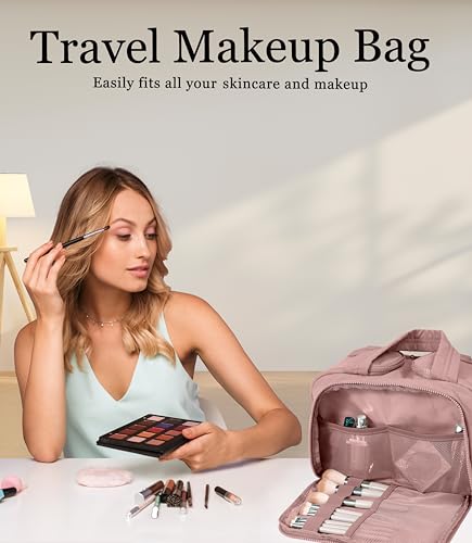 Travel Toiletry Bag for Women, Large Wide-open Puffy Cosmetic Makeup Bag with Wet-Dry Separation, Multi-Pocket Organizer with Carry Handle for Toiletries, Cosmetics, Essentials, Dark Pink - color: Dark Pink