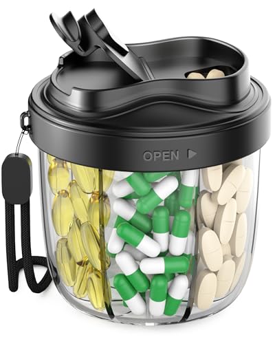 Pill Organizer,Pill Dispenser with 7 Large Compartments,Portable Pill Box for Travel Essentials,Anti-Mix Design & Wide Opening Design,Easy Access to Vitamin Dispenser,Includes 20 Blank Stickers（Black） - color: Dark Black