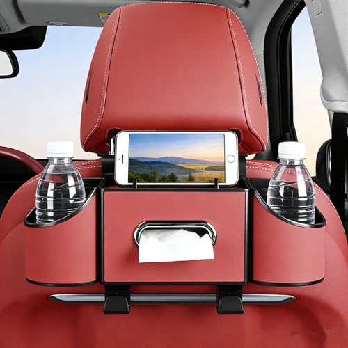Back Seat Car Organizer, Nappa Leather Car Seat Organizer with Cup Holders and Tissue Box, Premium Hanging Storage Bag for SUV Truck Road Trip (Red) - color: Red