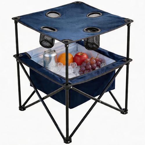 Portable Outdoor Folding Camping Table with 4 Cup Holders & Cooler Compartment, Waterproof Picnic Table for Picnic, BBQ, Beach, Hiking (Navy Blue) - color: Navy Blue