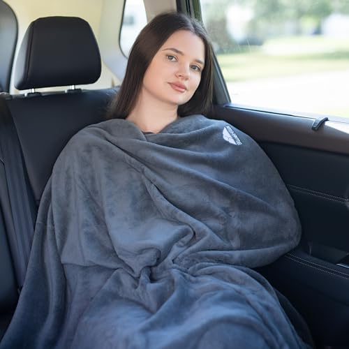 BlueHills Premium Soft Travel Blanket Pillow Airplane Flight Blanket Throw Bag Pillowcase Compact Large 2 in 1 Combo Warm Traveling Plane Essentials Portable Gifts Lightweight Grey Gray T007 - color: Gray-1pk-t007