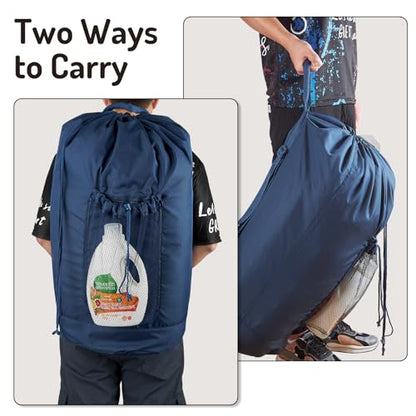 Seiritex Laundry Bag Backpack with Detergent Holder and Adjustable Shoulder Straps, Clothes Laundry Backpack for College, Travel, Apartment, Laundromat, Dorm Room (Blue) - color: Blue