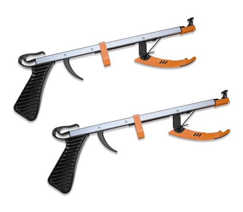 Rehabilitation Advantage Compact Reacher Grabber Tool, 15" Reach Extension, Set of 2, Rubberized Jaws, 3" Wide Grip, Lightweight Aluminum Pick Up Tool, Handle for Travel, Home, and Hard-to-Reach Items