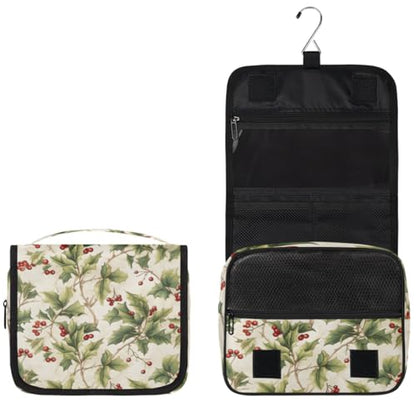 Hanging Travel Toiletry Bag for Women, Holly Berries Print Water Resistant Polyester Organizer with Hook & Handle, Large Capacity Cosmetic Bag for Travel, Gym, Camping - color: Holly Berries Print