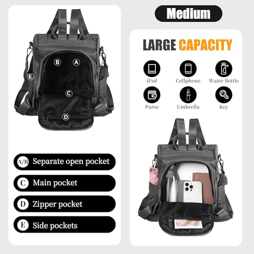 PINCNEL Women Backpack Purse Waterproof Nylon Anti-theft Rucksack Lightweight Shoulder Bag - color: Gray, size: Medium