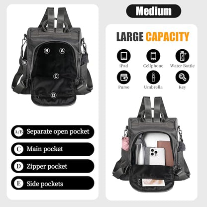 PINCNEL Women Backpack Purse Waterproof Nylon Anti-theft Rucksack Lightweight Shoulder Bag - color: Gray, size: Medium