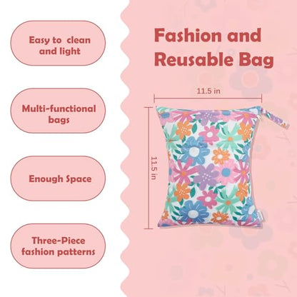 ALVA ALVABABY 3pcs Cloth Diaper Wet Dry Bags Waterproof Reusable with Two Zippered Pockets Travel Beach Pool Daycare Soiled Baby Items Yoga Gym Bag for Swimsuits or Wet Clothes 3L-ZM18A - color: Nice little flower