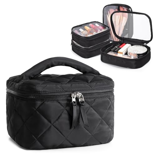 Travel Makeup Bag with 4 Clear Cases, Large Quilted Cosmetic Organizer for Women, Puffy Storage Bag for Cosmetics, Photos or Pill Bottles, Black (Empty Bag)
