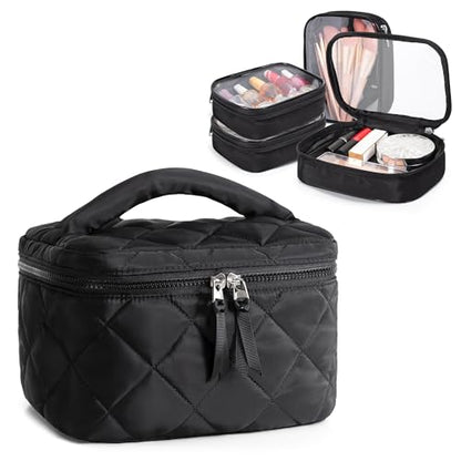 Travel Makeup Bag with 4 Clear Cases, Large Quilted Cosmetic Organizer for Women, Puffy Storage Bag for Cosmetics, Photos or Pill Bottles, Black (Empty Bag)
