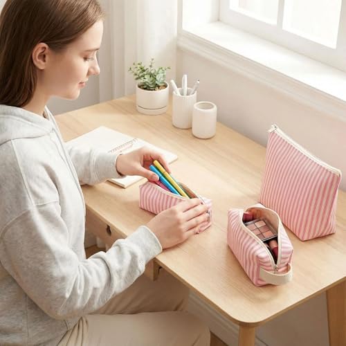 3 Pcs Canvas Makeup Bag Set Cosmetic Pouch for Women Travel Toiletry Bag Cute Makeup Organizer Purse Pouch Preppy Pencil Case with Zipper (Pink Pinstripes) - color: Pink Pinstripes