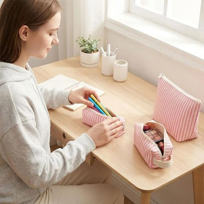 3 Pcs Canvas Makeup Bag Set Cosmetic Pouch for Women Travel Toiletry Bag Cute Makeup Organizer Purse Pouch Preppy Pencil Case with Zipper (Pink Pinstripes) - color: Pink Pinstripes